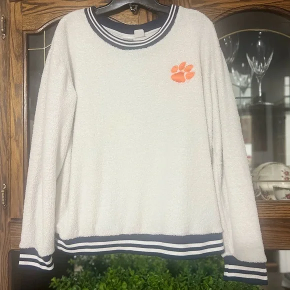 White Cream Sherpa Pullover Sweatshirt Orange Paw Print Varsity Banded Navy Blue - Picture 1 of 6